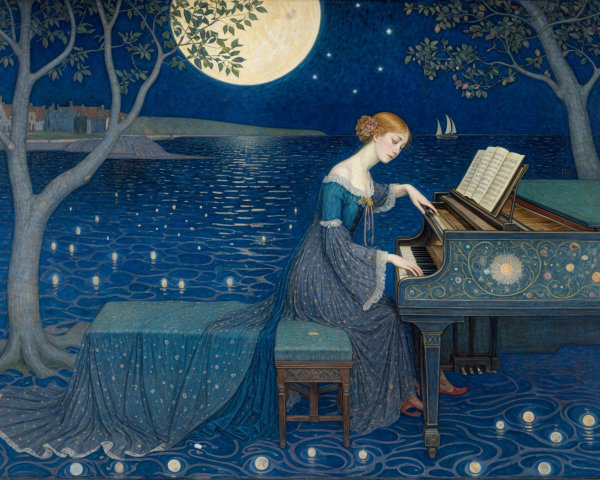 Moonlit Piano Performance by a Tranquil Lake