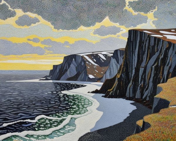 Coastal Landscape with Cliffs and Dramatic Sunset