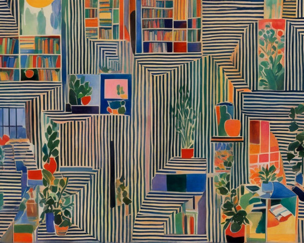 Surreal Interior Scene with Striped Walls and Plants