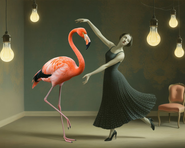 Dancer in Vintage Black Dress with Pink Flamingo