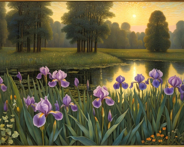Serene Landscape with Purple Irises and Calm Pond