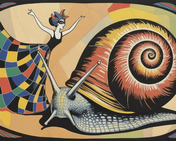 Whimsical Artwork of Snail and Dancer in Colorful Setting