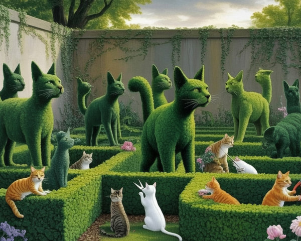 Whimsical Garden with Topiary Cats and Real Cats