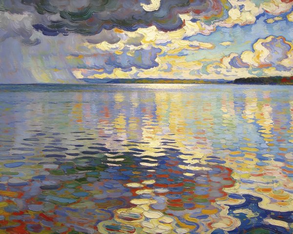 Rainstorm at Sea with Colorful Reflections and Clouds