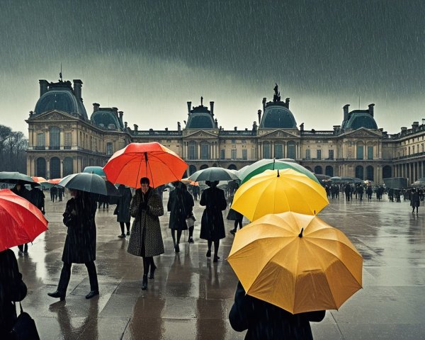 Rainy Day Scene at Historic Building with Umbrellas