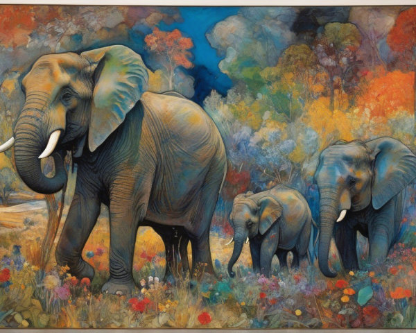 Colorful Painting of Elephants in Blooming Landscape