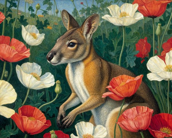 Wallaby Among Vibrant Poppy Flowers in Nature Scene