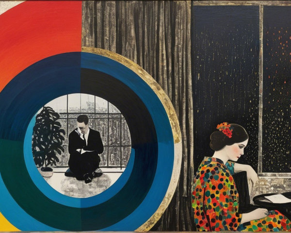 Split Composition of Colorful Figures and Rainy Scene