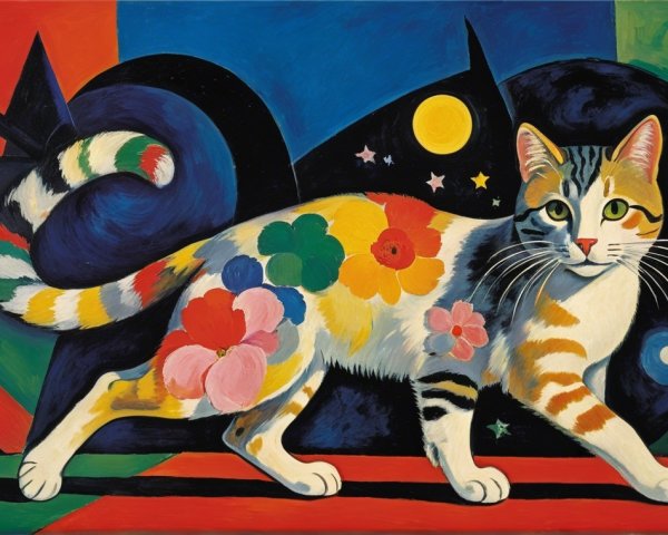 Abstract Cat Painting with Colorful Flowers and Shapes