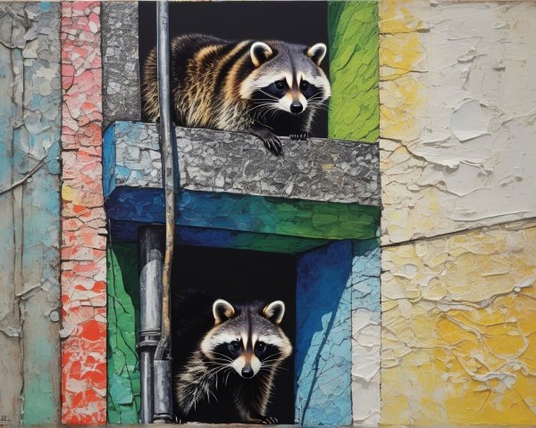 Raccoons in Colorful Windows of Whimsical Urban Art