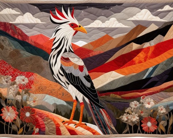 Vibrant quilt showcasing a bird and stylized mountains