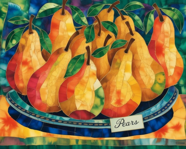 Vibrant Stained Glass Artwork of Pears on Blue Plate