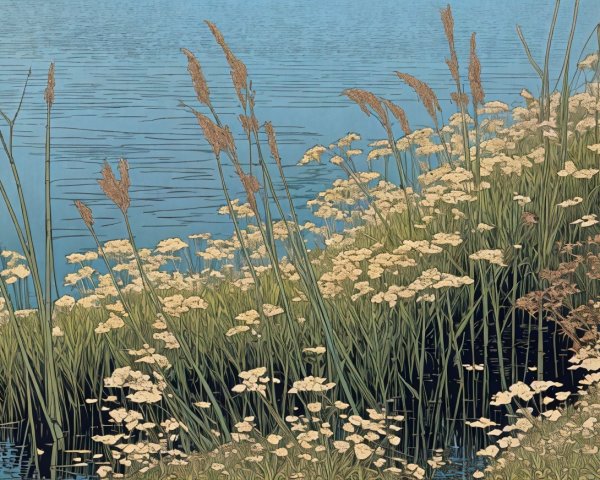 Lakeside Scene with Grasses and White Flowers