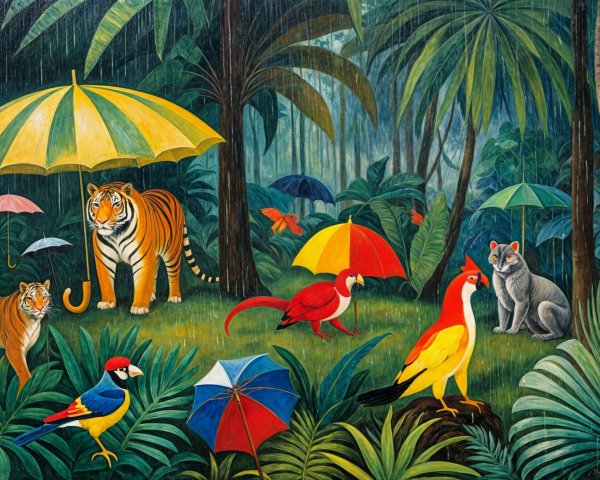 Vibrant Jungle Scene with Tigers and Colorful Birds