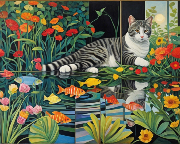 Whimsical Artwork of Cat Among Colorful Flowers
