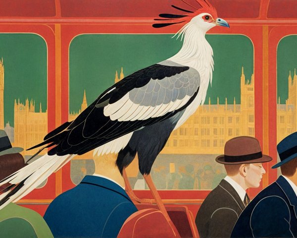 Stylized Bird in Bus with London Landmarks Background