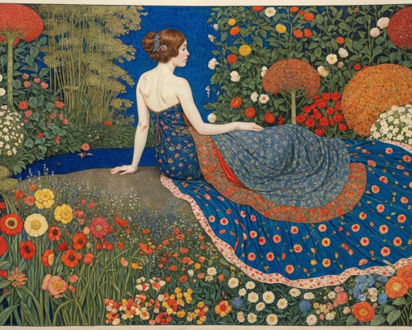 Serene Woman in Blue Gown by Vibrant Flower Pond