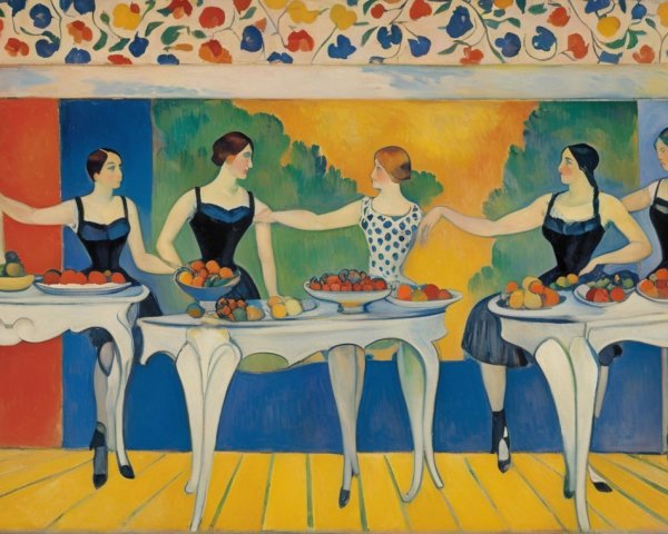Five Women in Black Gowns with Colorful Fruits