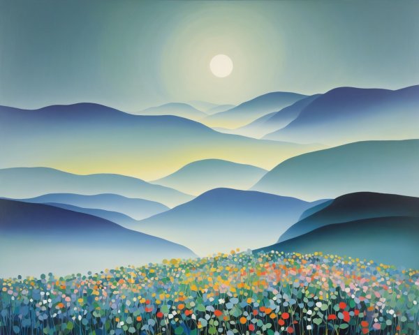 Pastel Landscape with Rolling Hills and Full Moon
