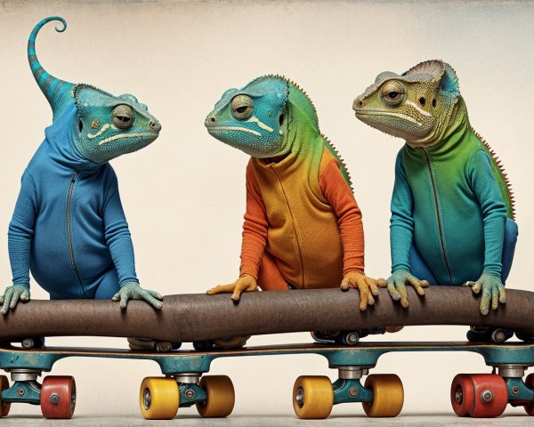 Colorful Lizards in Jumpers on a Skateboard Scene