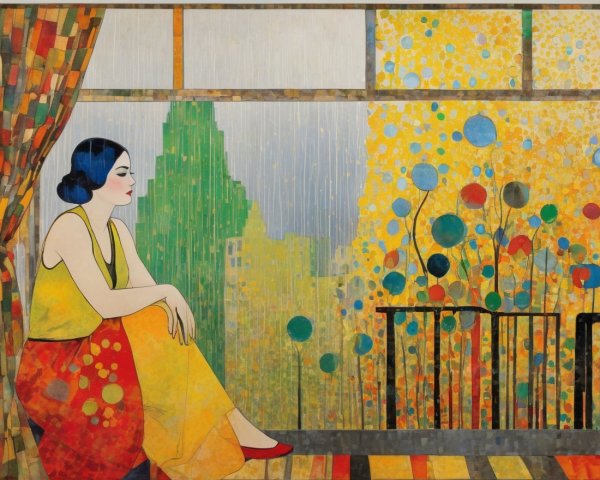 Woman in Yellow and Red Dress by Colorful Window