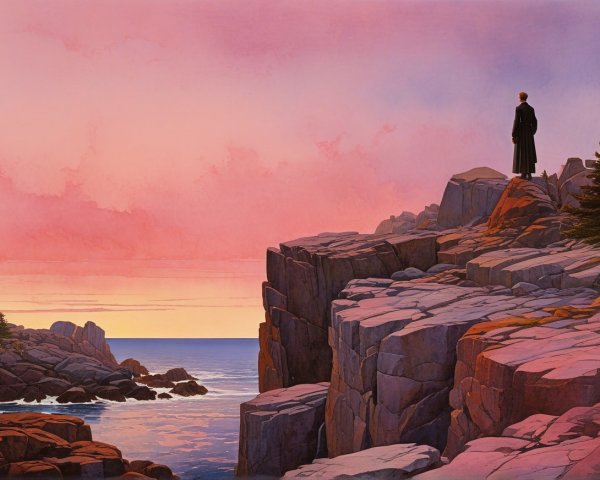 Solitary Figure on Cliffs Overlooking Serene Ocean Sunset