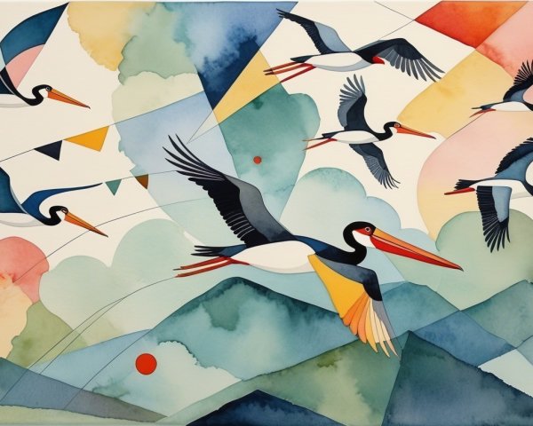 Colorful Storks in Flight Over Abstract Mountains