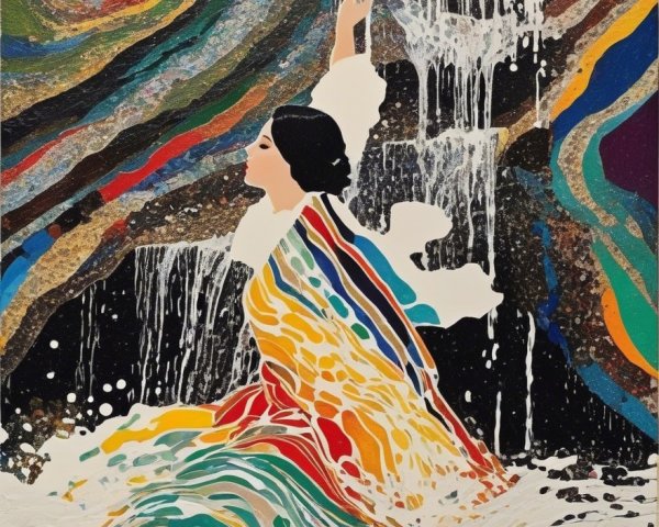 Vibrant Artwork of Figure in Traditional Attire and Waves