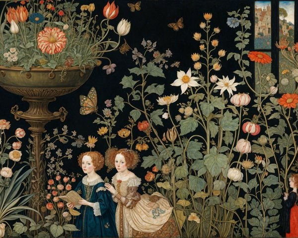 Girls in Garden with Floral Urn and Butterflies