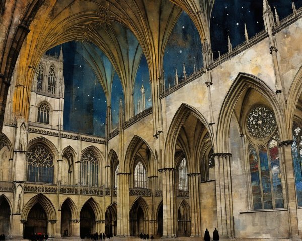 Gothic Cathedral Interior with Stained Glass and Arches