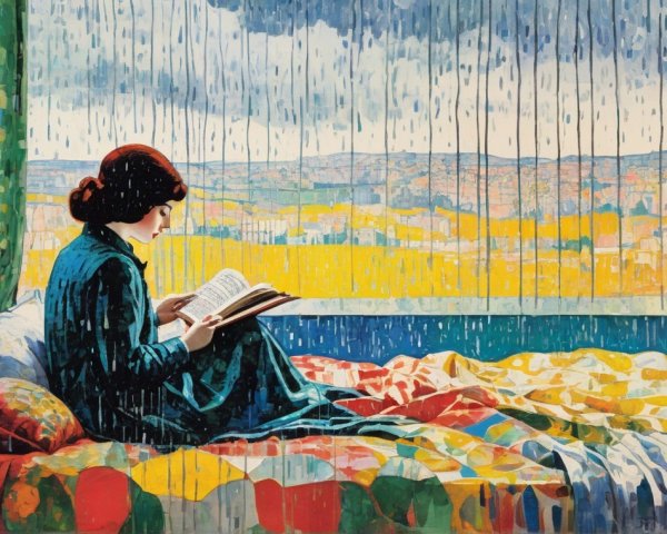 Woman Reading on Colorful Bedspread with Rainy View