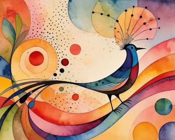 Vibrant Watercolor Painting of a Stylized Peacock