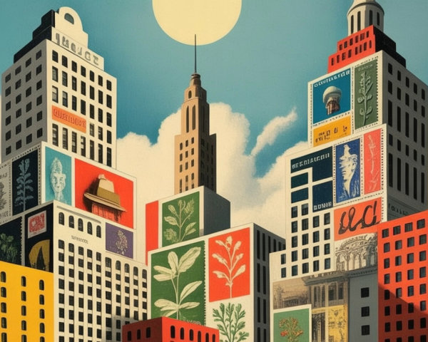 Vibrant City Skyline with Colorful Graphic Buildings