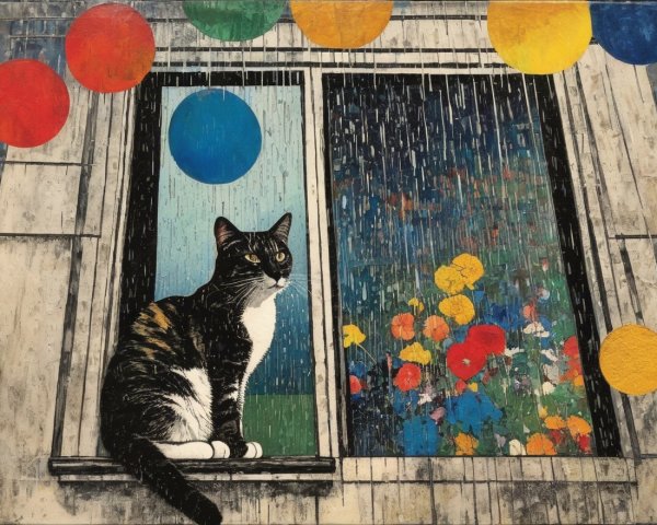 Serene Cat on Windowsill Overlooking Colorful Garden