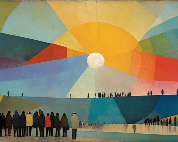 Vibrant Abstract Landscape with Silhouetted Figures