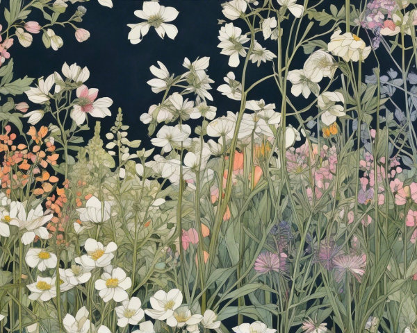 Detailed Woodblock Print of a Flower Garden