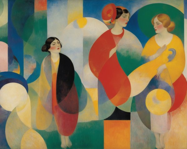 Semi-Abstract Oil Painting of Women in Vibrant Colors