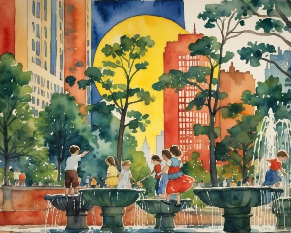 Children Playing in Fountain at City Park Watercolor