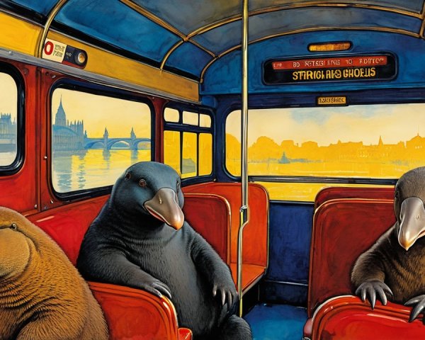 Platypuses in Vintage Double-Decker Bus Interior