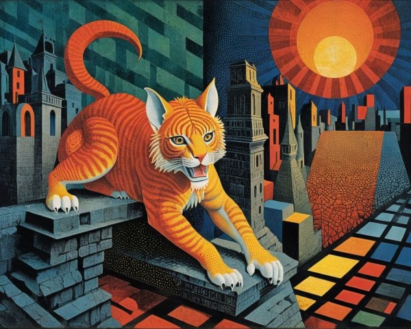 Tiger on Stone Ledge with Sunset and Cityscape