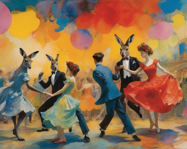 Vibrant Dance Scene with Colorful Balloons and Masks