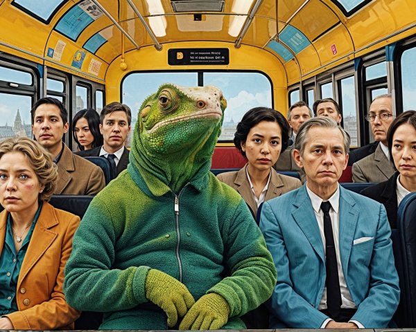 Diverse Passengers on Bus with Lizard Costume Focus