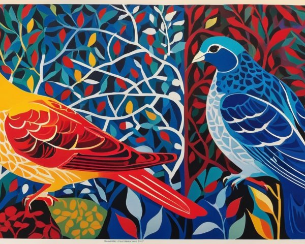 Colorful Stylized Birds with Vines and Leaves Design