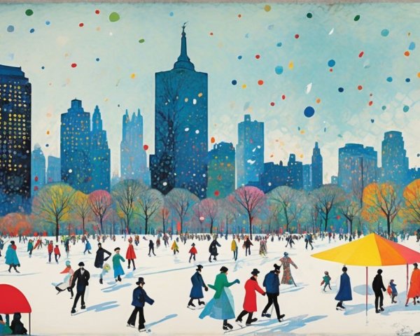 Vibrant Winter Scene in Urban Park with Snow and Skaters