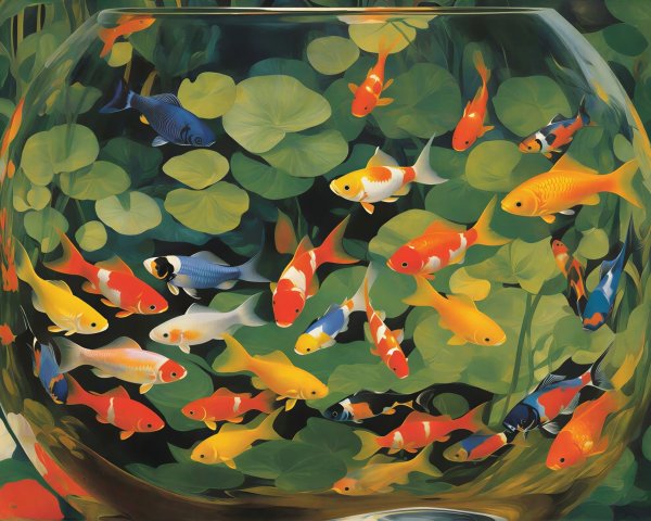 Vibrant Fishbowl Scene with Goldfish and Lily Pads