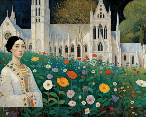 Serene Figure in Vibrant Flower Garden and Cathedral