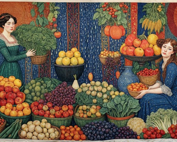 Vibrant Tapestry of Women with Fruits and Vegetables
