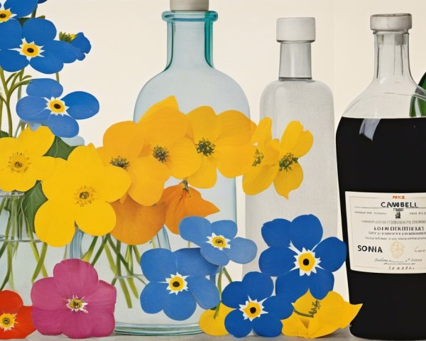 Vibrant Still Life of Colorful Flowers and Glass Bottles