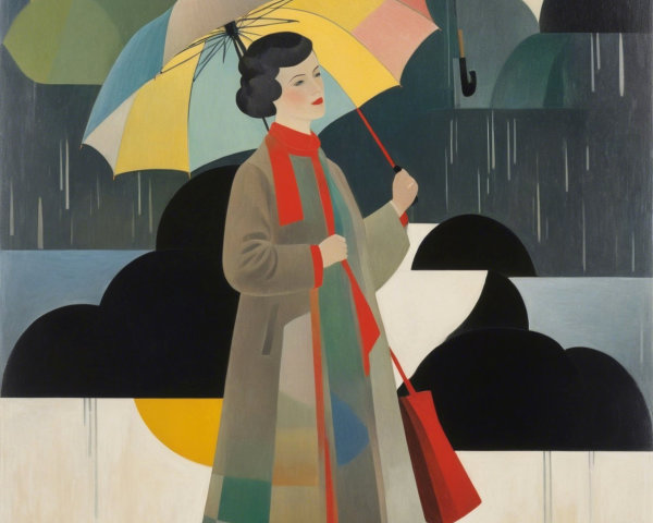 Woman in Gray Coat Walking in Rain with Umbrella