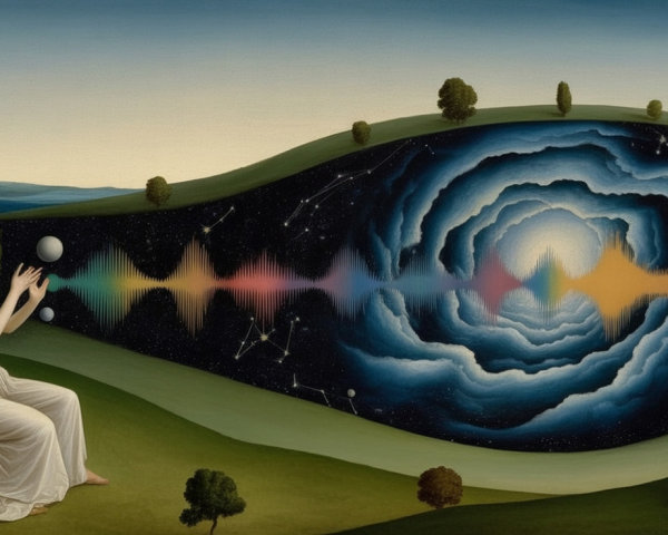 Serene figure in white dress on green hillside with galaxy